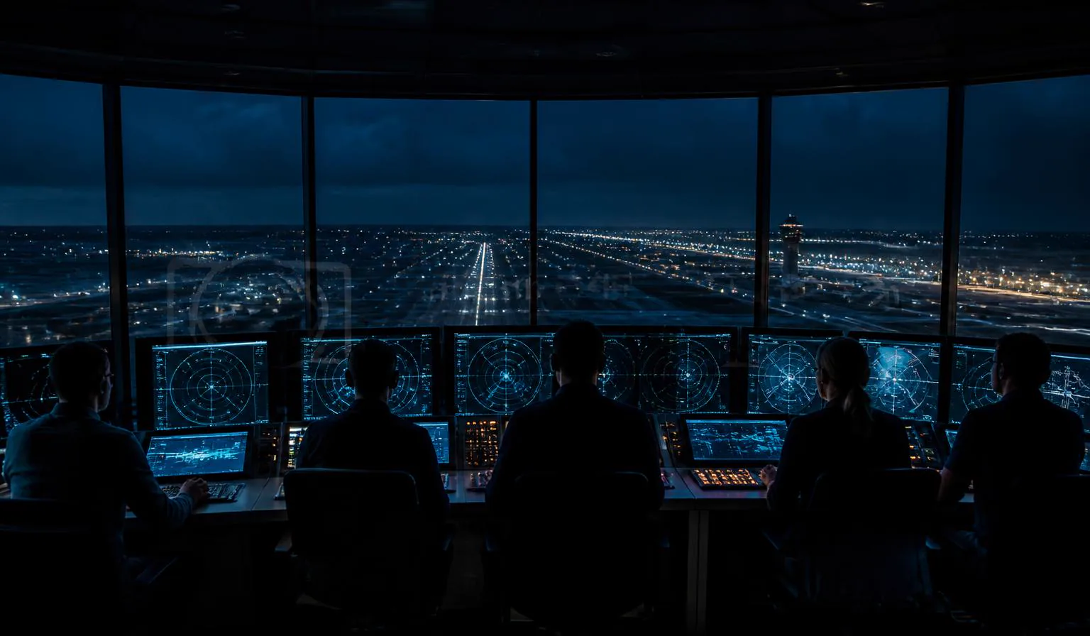 Centro de control de tránsito aéreo con radares frente a las pistas de un aeropuerto nocturno