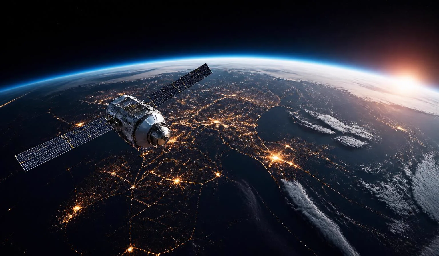 Satélite sobre la curvatura iluminada de la Tierra vista desde la órbita