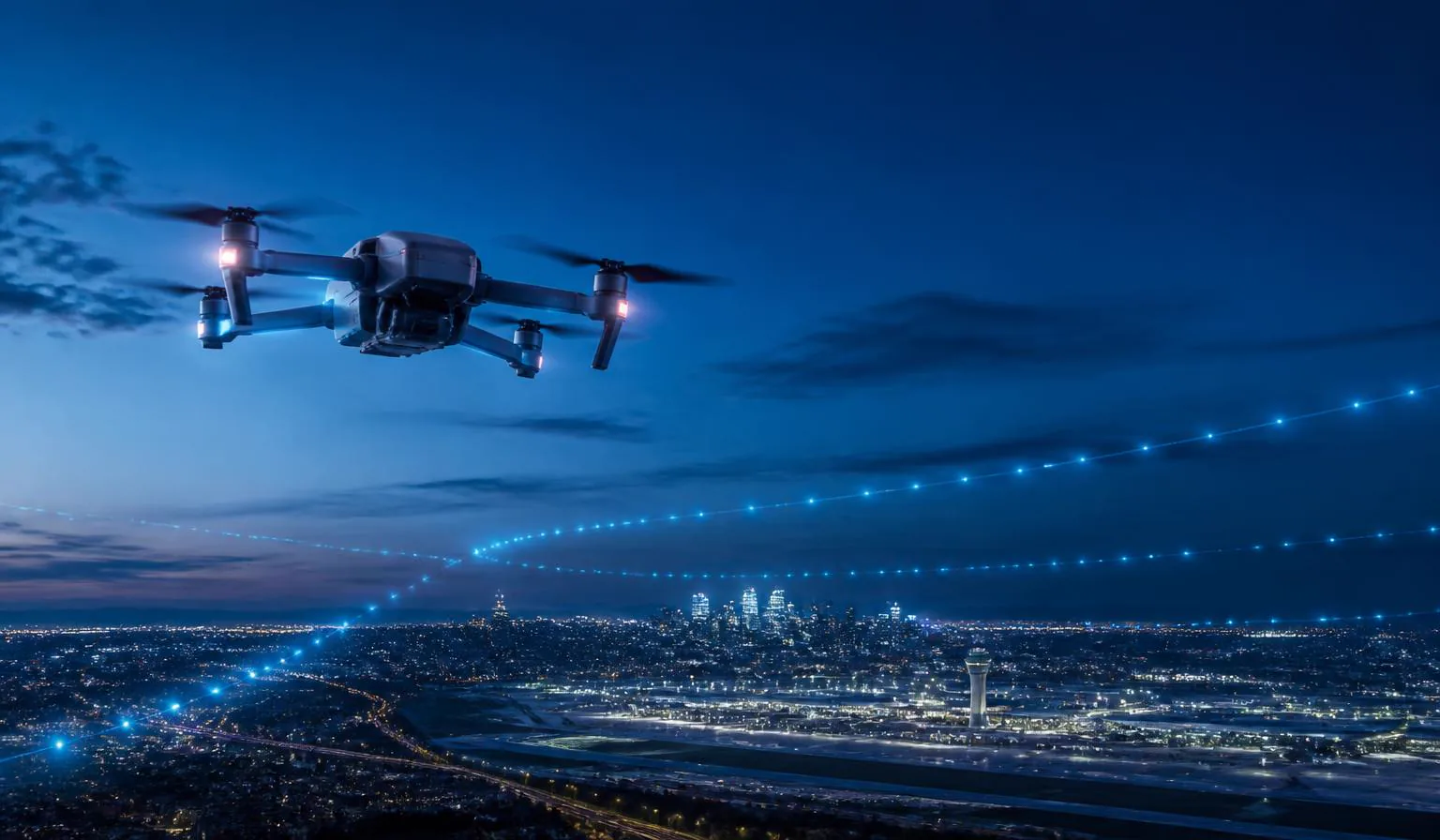 Dron profesional sobrevolando un entorno urbano y aeroportuario al anochecer