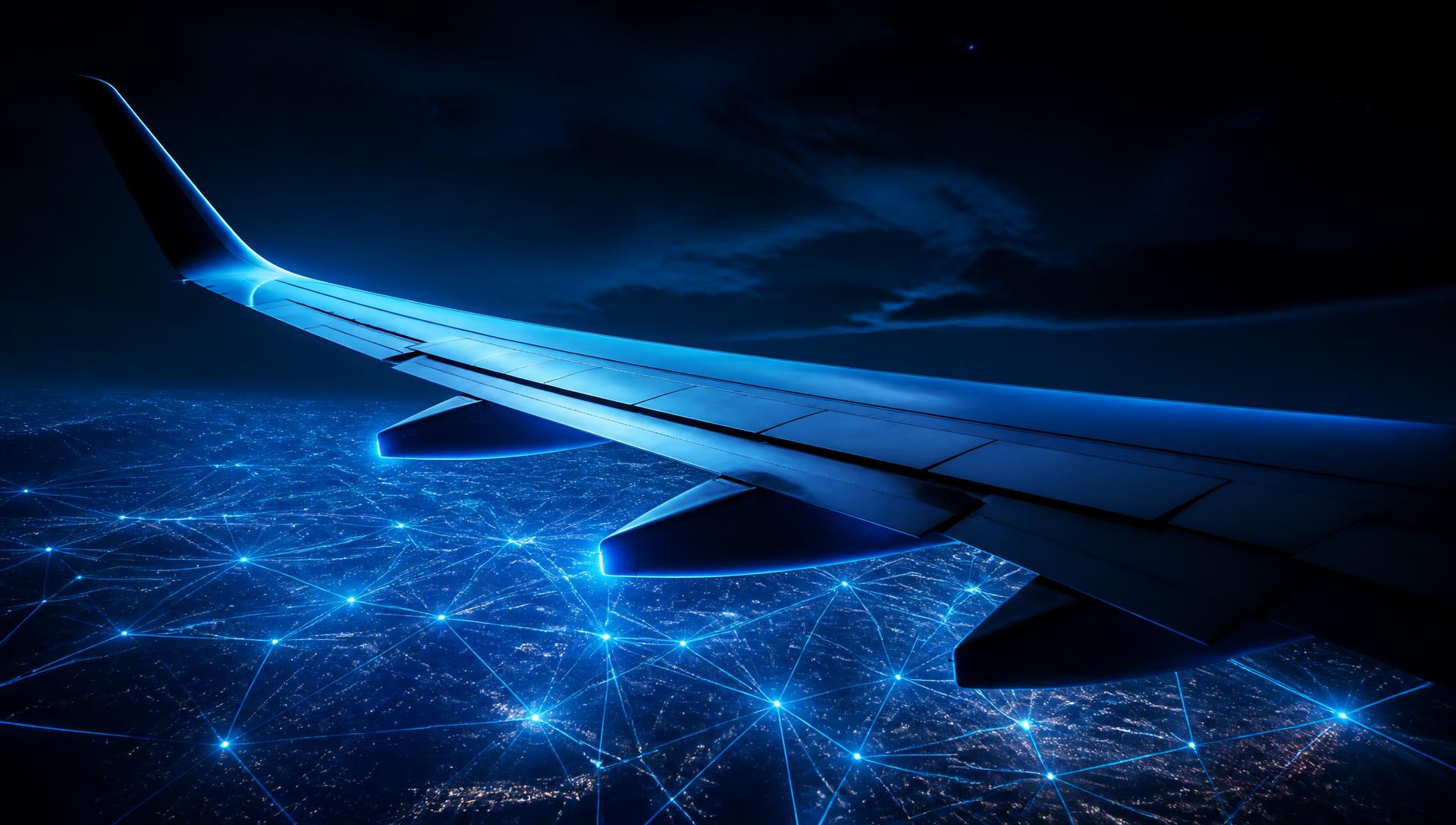 Ala de avión sobre una red de datos luminosa en un cielo nocturno